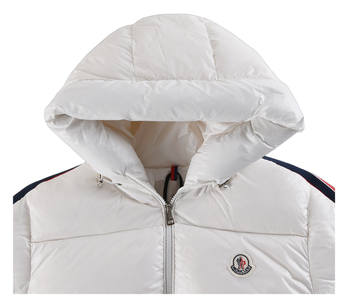 Moncler Tricolour Sleeve-Stripe Hooded Puffer Jacket – White | Premium Down | Luxury Outerwear