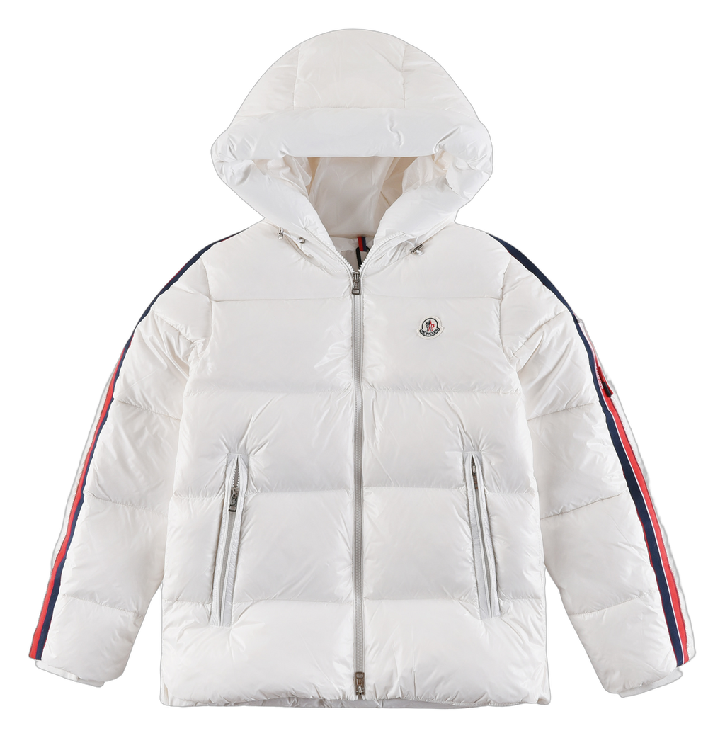 Moncler Tricolour Sleeve-Stripe Hooded Puffer Jacket – White | Premium Down | Luxury Outerwear
