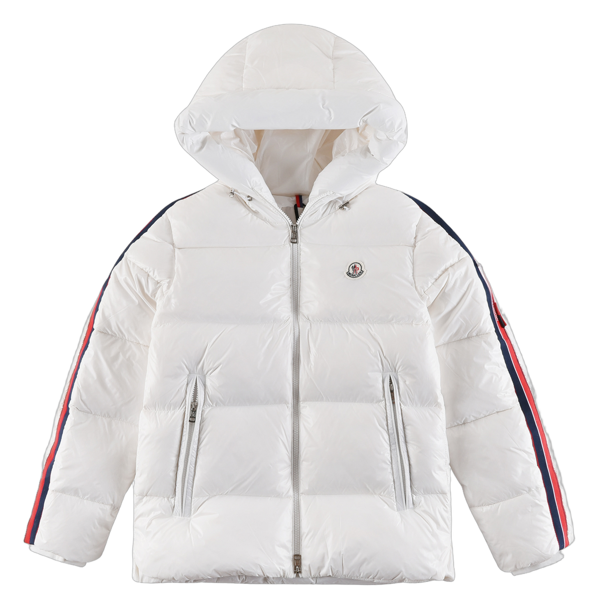 Moncler Tricolour Sleeve-Stripe Hooded Puffer Jacket – White | Premium Down | Luxury Outerwear
