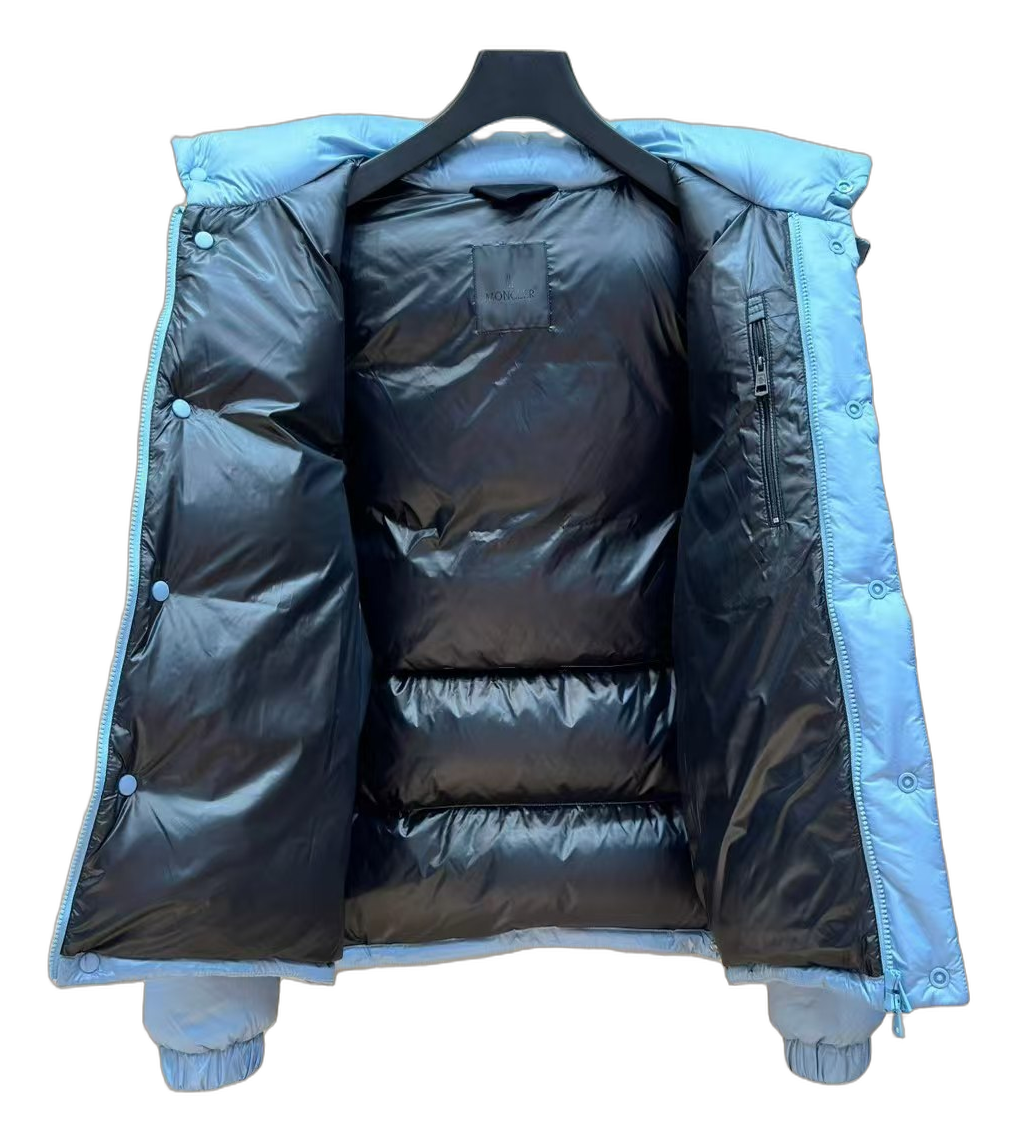 Moncler Orange-Badge Hooded Puffer Jacket – Ice Blue | Premium Down | Luxury Outerwear