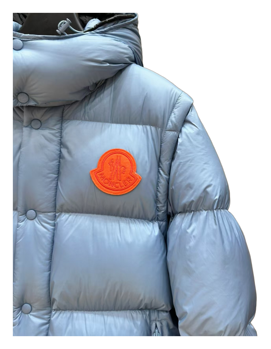 Moncler Orange-Badge Hooded Puffer Jacket – Ice Blue | Premium Down | Luxury Outerwear