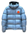 Moncler Orange-Badge Hooded Puffer Jacket – Ice Blue | Premium Down | Luxury Outerwear