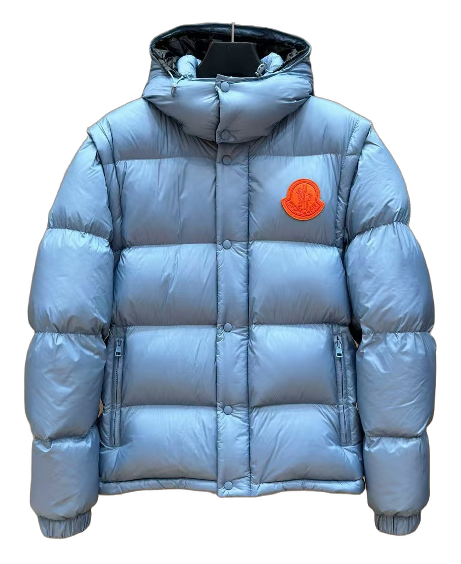 Moncler Orange-Badge Hooded Puffer Jacket – Ice Blue | Premium Down | Luxury Outerwear