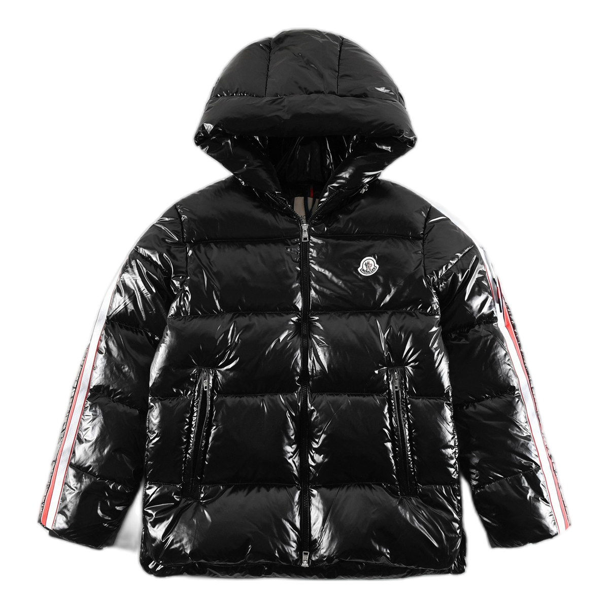 Moncler Tricolour Sleeve-Stripe Glossy Hooded Puffer Jacket | Premium Down | Luxury Outerwear
