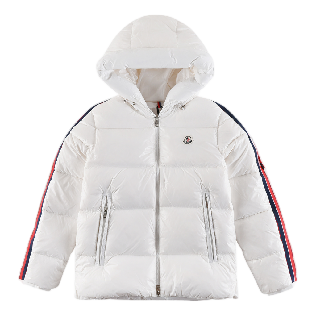 Moncler Tricolour Sleeve-Stripe Glossy Hooded Puffer Jacket | Premium Down | Luxury Outerwear