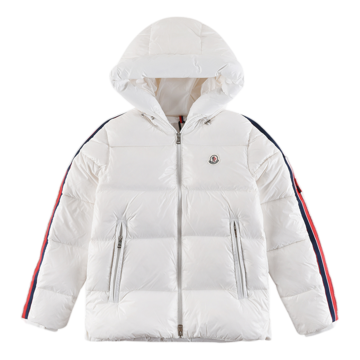 Moncler Tricolour Sleeve-Stripe Glossy Hooded Puffer Jacket | Premium Down | Luxury Outerwear