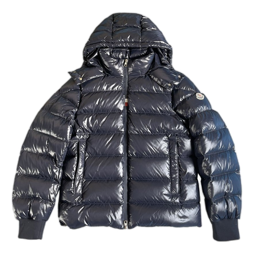 Moncler Glossy Logo-Zip Hooded Puffer Jacket – Navy | Premium Down | Luxury Outerwear