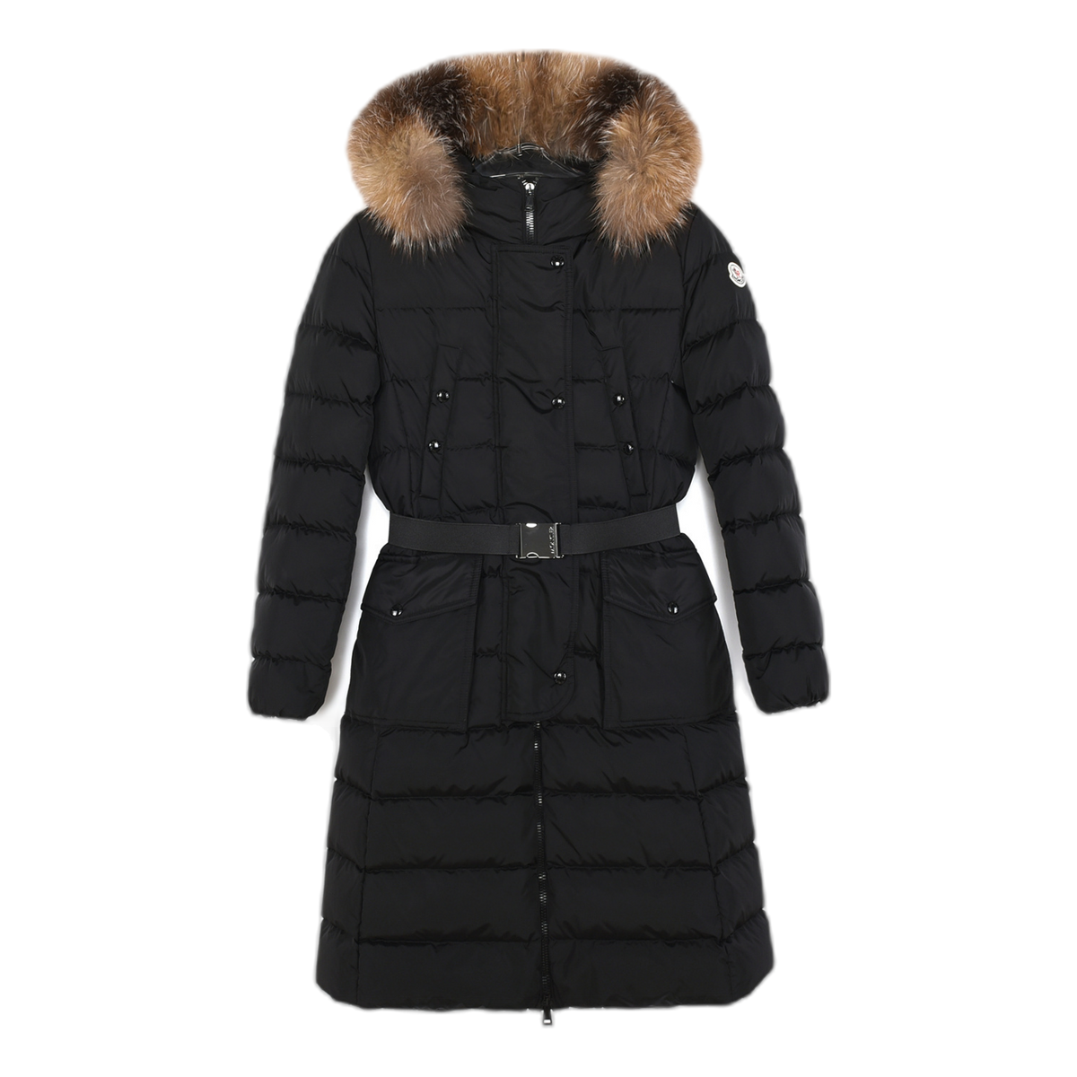 Moncler Khloe Belted Fur-Trim Hooded Long Coat – Black | Premium Down | Luxury Outerwear