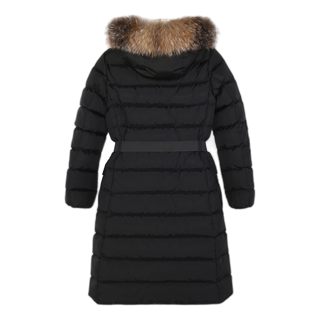 Moncler Khloe Belted Fur-Trim Hooded Long Coat – Black | Premium Down | Luxury Outerwear