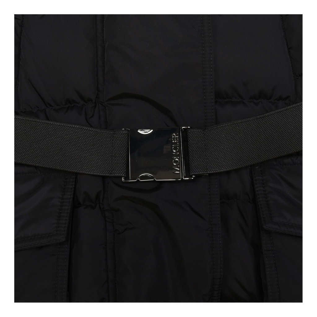 Moncler Khloe Belted Fur-Trim Hooded Long Coat – Black | Premium Down | Luxury Outerwear