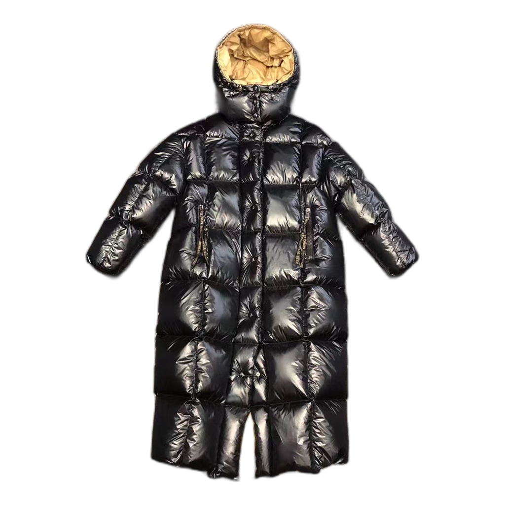 Moncler Gold-Lined Glossy Long Puffer Coat – Black | Premium Down | Luxury Outerwear