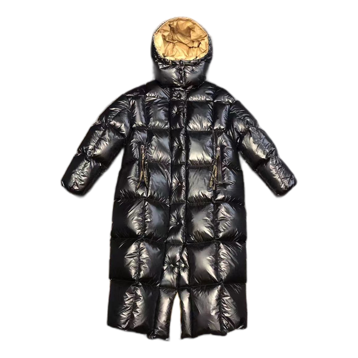 Moncler Gold-Lined Glossy Long Puffer Coat – Black | Premium Down | Luxury Outerwear