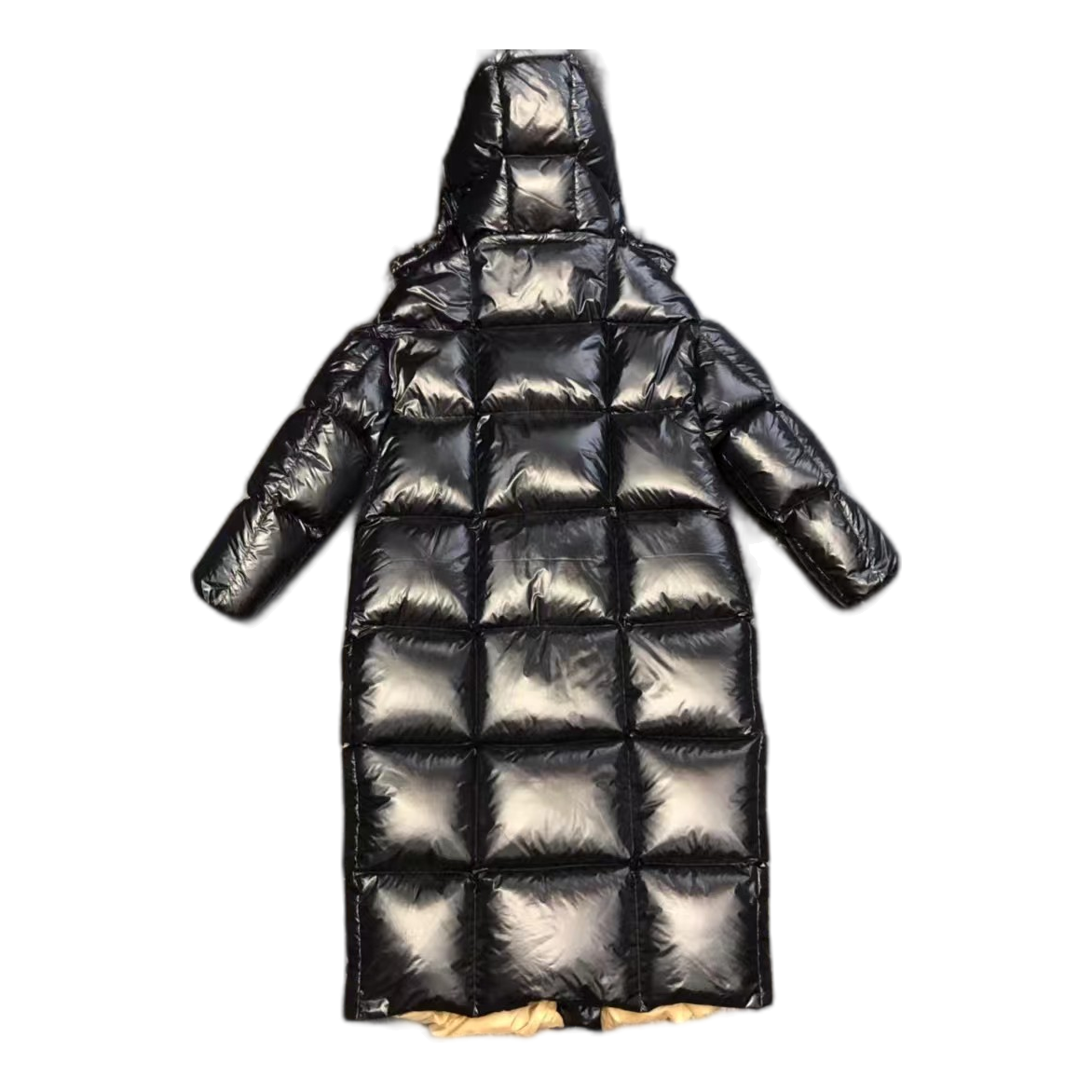 Moncler Gold-Lined Glossy Long Puffer Coat – Black | Premium Down | Luxury Outerwear