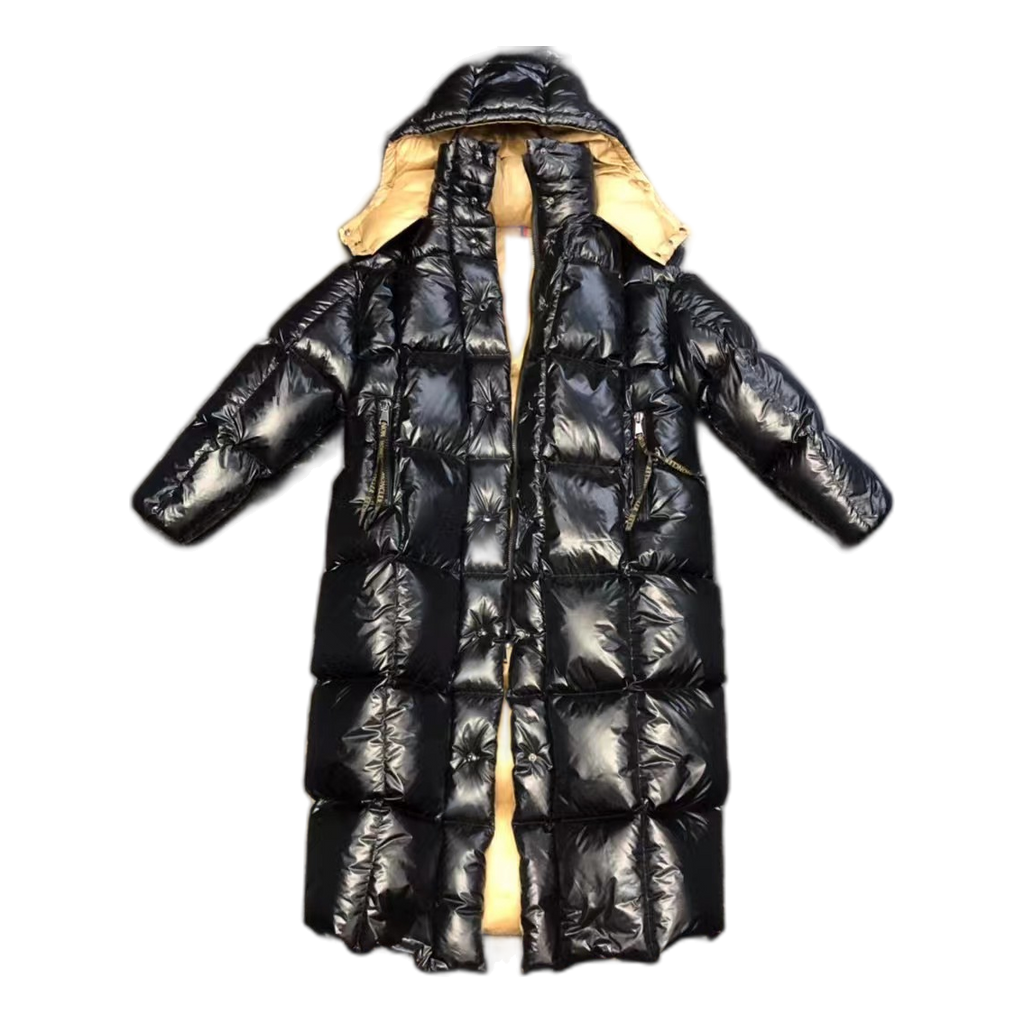 Moncler Gold-Lined Glossy Long Puffer Coat – Black | Premium Down | Luxury Outerwear