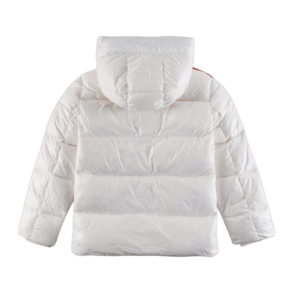 Moncler Tricolour Sleeve-Stripe Hooded Puffer Jacket – White | Premium Down | Luxury Outerwear