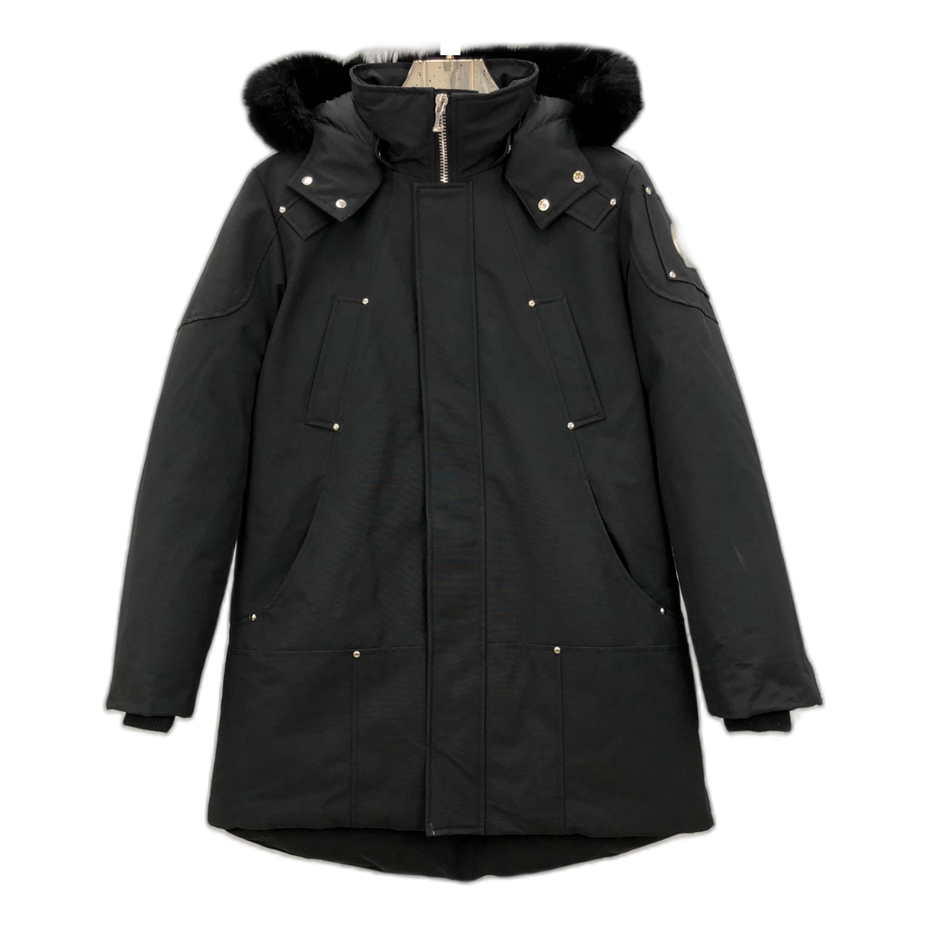 Moose Knuckles Curved-Hem Fur-Trim Hooded Parka – Black | Canadian Down | Extreme Cold