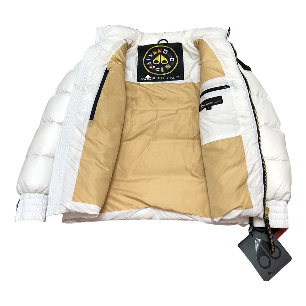 Moose Knuckles Logo-Zip Quilted Puffer Bomber – Off White | Canadian Down | Luxury Outerwear