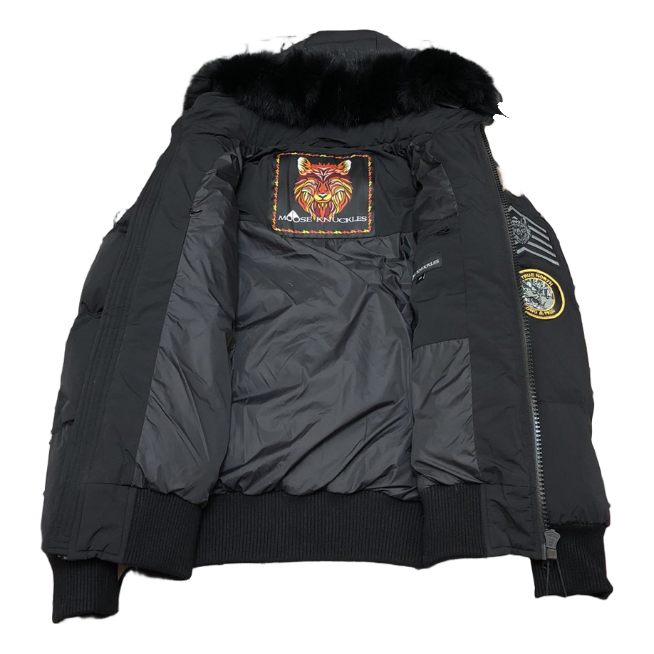 Moose Knuckles Patch-Detail Hooded Bomber – Black | Canadian Down | Luxury Streetwear