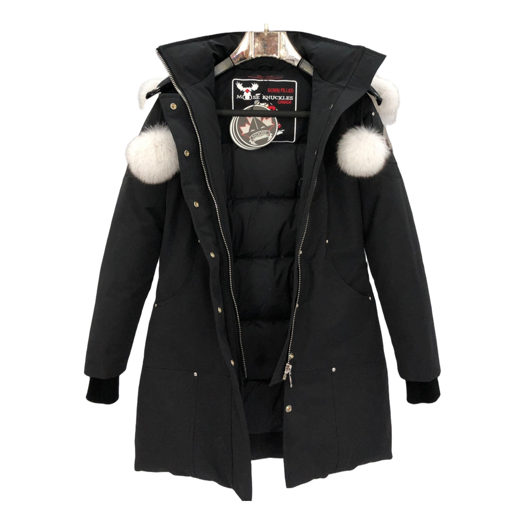 Moose Knuckles Stirling Pom-Pom Parka – Black | White Fur Trim | Canadian Down | Extreme Cold