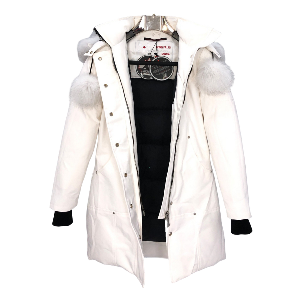 Moose Knuckles Stirling Pom-Pom Parka – White | White Fur Trim | Canadian Down | Extreme Cold