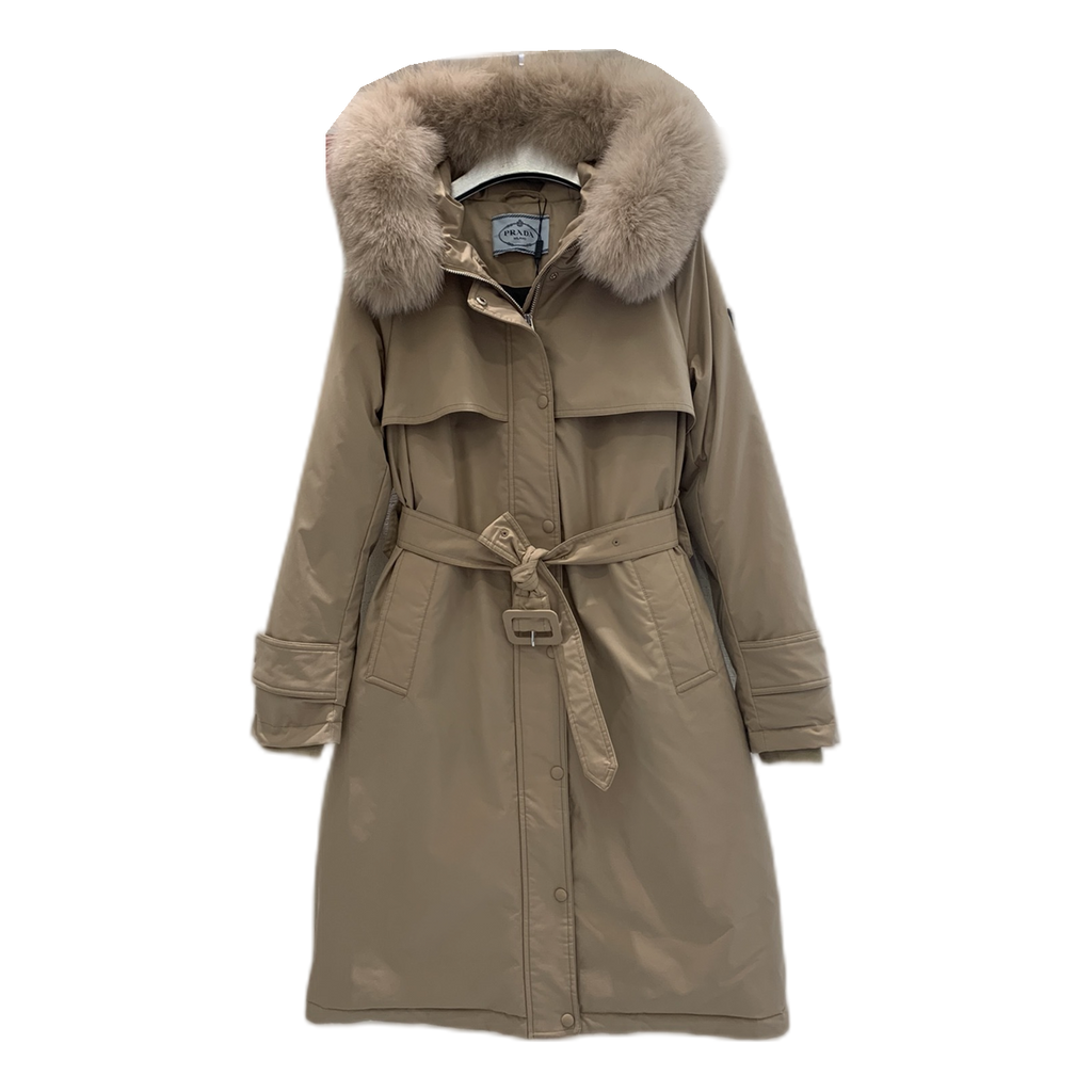 Prada Belted Fur-Trim Hooded Coat – Beige | Quiet Luxury | Italian Craftsmanship
