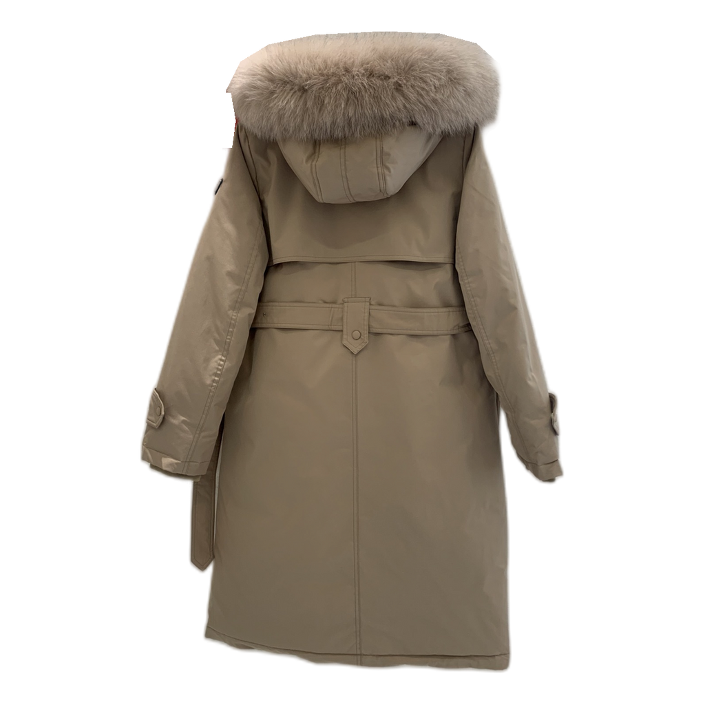 Prada Belted Fur-Trim Hooded Coat – Beige | Quiet Luxury | Italian Craftsmanship