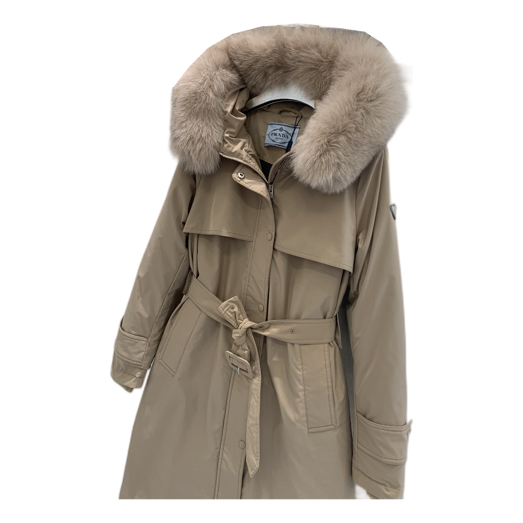 Prada Belted Fur-Trim Hooded Coat – Beige | Quiet Luxury | Italian Craftsmanship