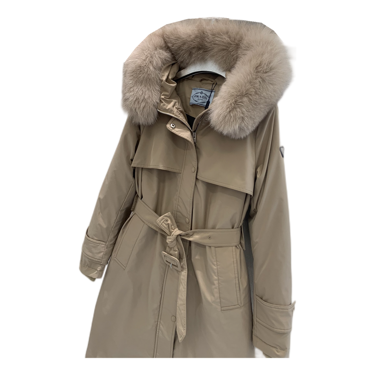 Prada Belted Fur-Trim Hooded Coat – Beige | Quiet Luxury | Italian Craftsmanship
