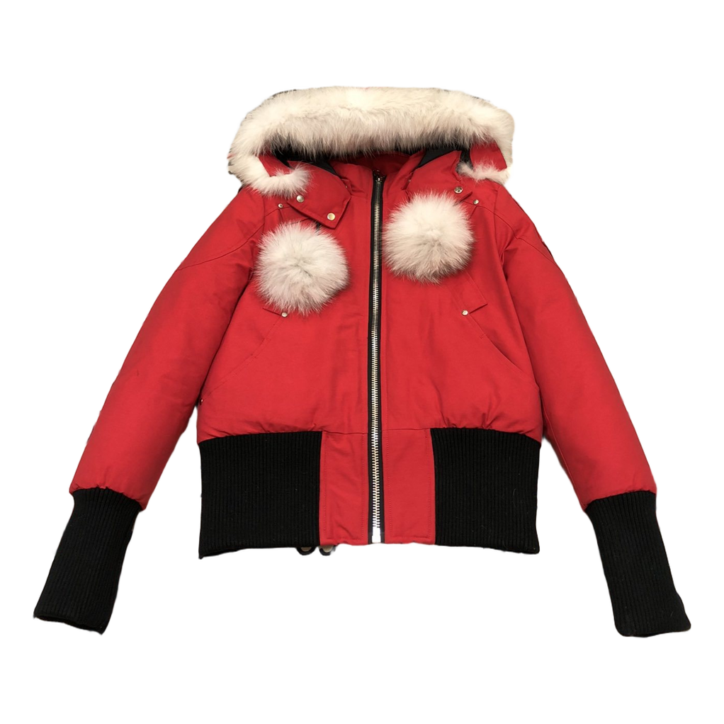 Moose Knuckles Debbie Pom-Pom Hooded Bomber – Red | Canadian Down | Luxury Outerwear