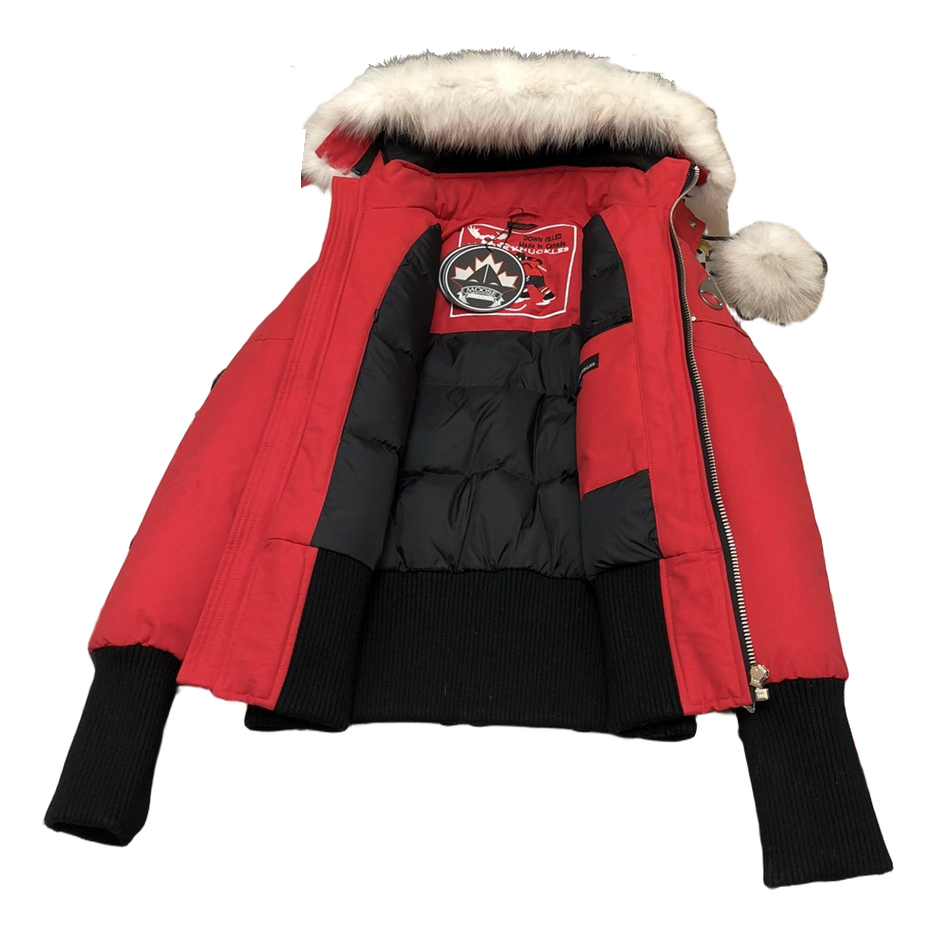 Moose Knuckles Debbie Pom-Pom Hooded Bomber – Red | Canadian Down | Luxury Outerwear