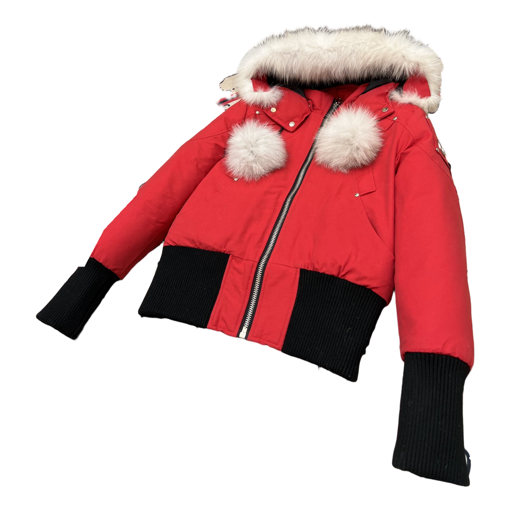 Moose Knuckles Debbie Pom-Pom Hooded Bomber – Red | Canadian Down | Luxury Outerwear