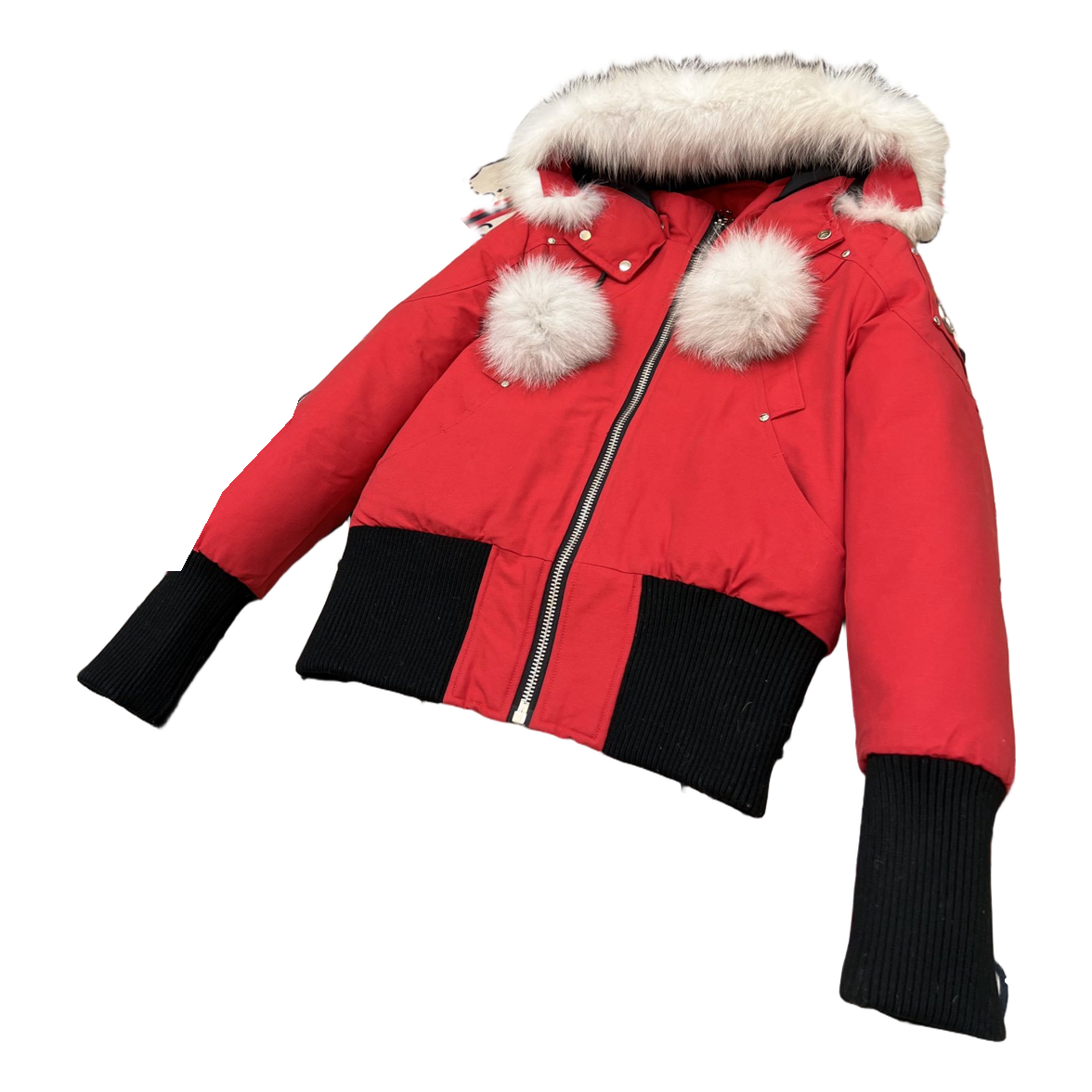 Moose Knuckles Debbie Pom-Pom Hooded Bomber – Red | Canadian Down | Luxury Outerwear