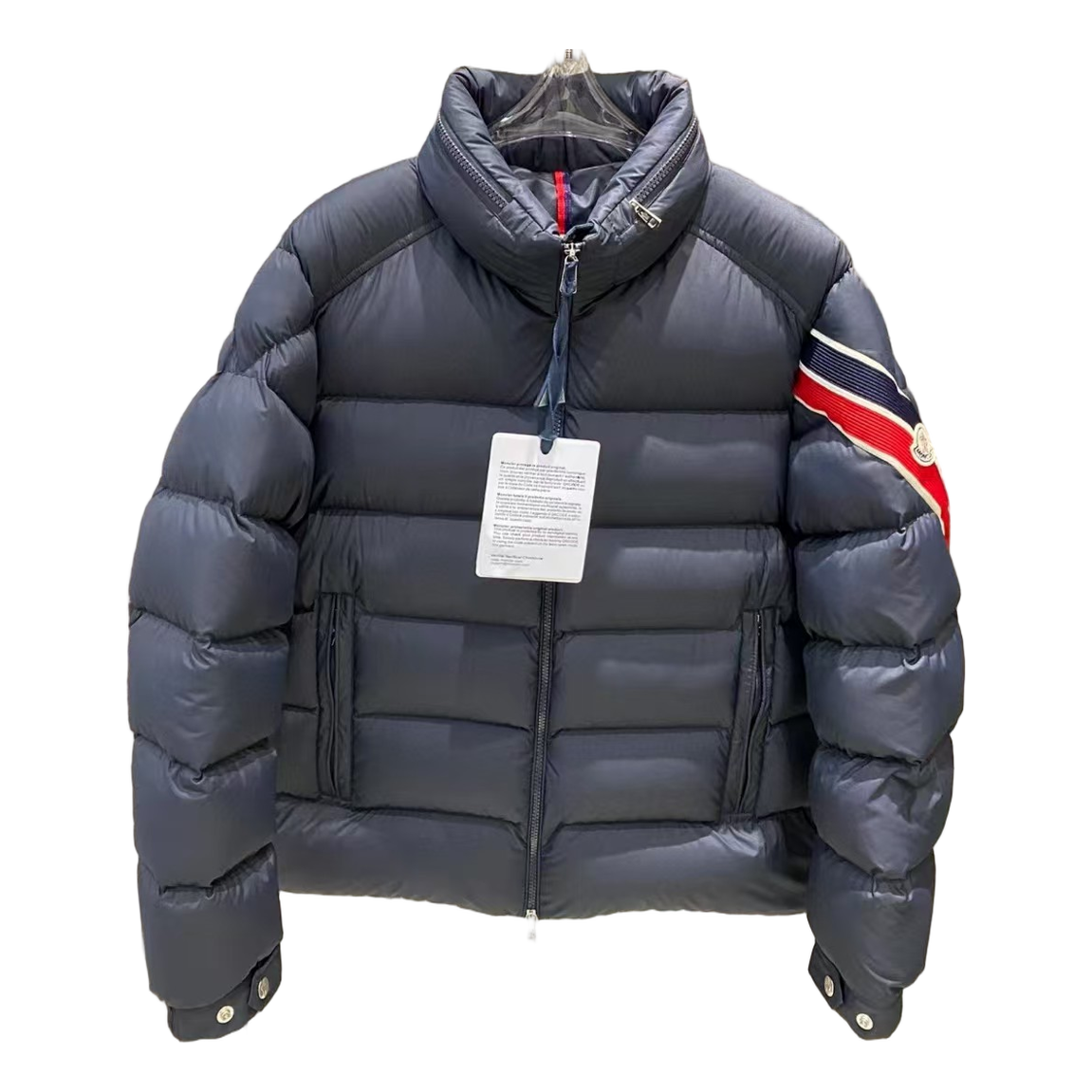 Moncler Tricolour Sleeve-Band Stand-Collar Puffer Jacket – Navy | Premium Down | Luxury Outerwear