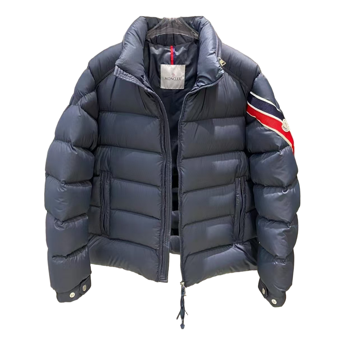 Moncler Tricolour Sleeve-Band Stand-Collar Puffer Jacket – Navy | Premium Down | Luxury Outerwear