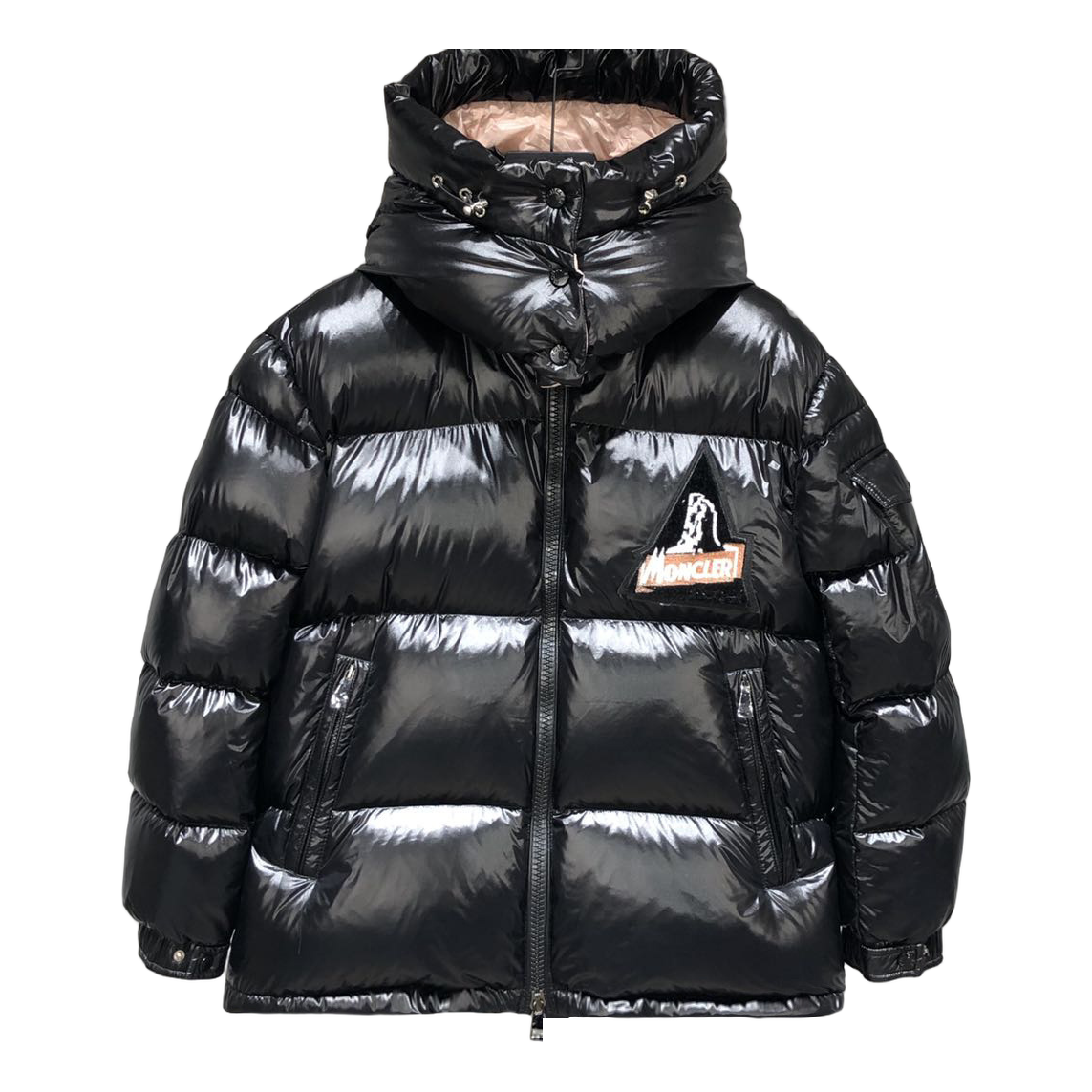 Moncler Mountain-Badge Glossy Short Puffer Jacket – Black | Premium Down | Luxury Outerwear