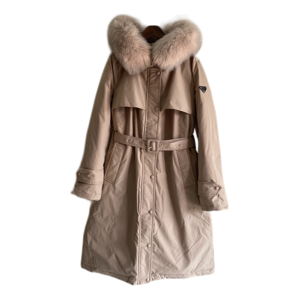 Prada Belted Fur-Trim Hooded Coat – Blush Beige | Sculpted Luxury Winter Coat
