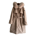 Prada Belted Fur-Trim Hooded Coat – Blush Beige | Sculpted Luxury Winter Coat