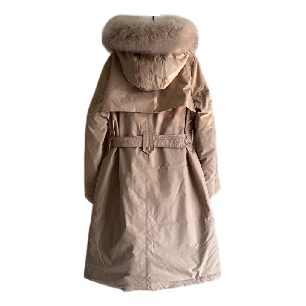 Prada Belted Fur-Trim Hooded Coat – Blush Beige | Sculpted Luxury Winter Coat