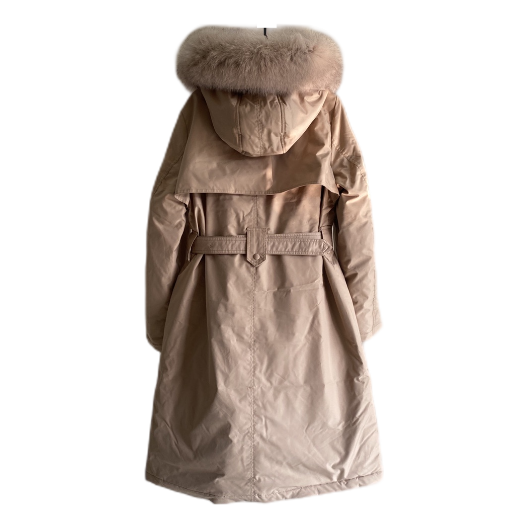 Prada Belted Fur-Trim Hooded Coat – Blush Beige | Sculpted Luxury Winter Coat